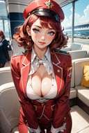 (masterpiece, best quality:1.4), ultra-detailed, finely detailed, intricate details, smooth lighting, (depth of field, cowboy shot), realistic, perfect female form, flirty, teasing, stewardess, standing, (perfect face, detailed face), pink lips, glossy lips, eyeliner, blush, makeup, (expressive eyes), (red hair, curly hair), (natural breasts, cleavage), curvy body, enchanting smile, (stewardess uniform, red uniform), open blazer, unbuttoned shirt, (pilot cap), (airport, lounge),