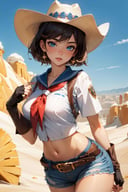 (masterpiece, best quality:1.4), absurdres, highres, ultra detailed, beautiful, 1girl, (cowboy, cowboy western, cowboy hat:1.4), (perfect face, detailed face, beautiful:1.3), (blue eyes, golden hair, bangs, hair intakes, short hair), (natural breasts, cleavage), collarbone, brown vest ,collared shirt, fingerless gloves, gloves, hat, navel, neckerchief, red neckerchief, revolver, short shorts, shorts, thick thighs, thighs, multiple belts, (desert:1.4),