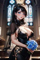 (masterpiece, best quality:1.4), (beautiful, perfect, delicate, detailed, intricate, aesthetic:1.2), ultra-detailed, soft light, dramatic lighting, cinematic light, light particles, (depth of field), (1girl:1.4), perfect female form, (bride, wedding), (perfec face, detailed eyes, expressive eyes, eyeliner, glossy lips, blush), (gigantic breasts), (black veil, long black dress:1.4), cleavage, detailed black dress, (bouquet of blue flowers), (in a church, detailed church), (cowboy shot),