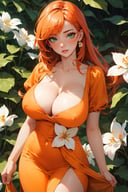 (masterpiece, best quality:1.4), intricate details, hyper detailed, vibrant details, hyper realistic, photorealistic, cinematic shot, sunlight, cinematic lighting, sharp focus, (perfect face, detailed face, eyeliner, blush, glossy lips. shy), (expressive eyes, green eyes), (orange hair, long hair, flower in the hair), (gigantic breasts, freckles on chest), (light orange dress:1.2), (tight dress, ornated dress, detailed dress, delicated dress), (surrounded by flowers:1.4), leafs, flowers, (cowboy shot, standing:1.2),