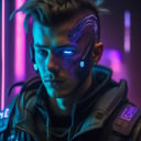 close-up, maximum detail, science fiction, distant future, cyberpunk, a man, 22 years old,wearing a cyberpunk outfit, led lights, neon, screens with alien symbols,Movie Still,NightmareFlame