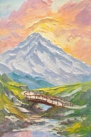 artistic oil painting stick,rough,(uneven),shadow,((waterfall)),(Bridge:1.5),(snow mountain:1.5),Rainbow,