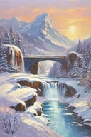 artistic oil painting stick,rough,(uneven),shadow,((waterfall)),(Bridge:1.5),(snow mountain:1.7),Rainbow,