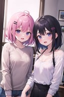 (masterpiece), highest quality, high resolution, small breasts, 2girls, short hair, long hair, upper body, looking at viewer, hairclips, loose outfit, casual outfit, blushing, messy hair, open mouth,