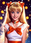Ealistic film still of smiling Sailor Venus from live action of ‘ Sailor Moon’, a beautiful and delicate - looking girl with long flowing blonde hair, wear a gold tiara with an orange jewel, wear white sailor school uniform with a big blue bow on her chest, wear one mediums red bow on back hairs, she wears a orange sailor collar with white stripe, white elbow gloves with orange elbow pads, wear orange choker, light blue eyes