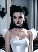 film still of 23 year old gothic woman with lipliner, choker and Balenciaga white dress, photo by arri