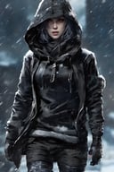 assassin creed, 1girl, winter_clothes, black clothe, hoodie on head, high_resolution, high detail, perfect body,
