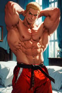 masterpiece, best quality, detailed, 1guy, 45y.o. , GeeseHoward, shirtless, red pants, black belt,  <lora:GeeseHowardV2-000004:0.9> digital colors, bright colors, shirtless,bulge, muscular, oily skin,  stubble, smirk, hands behind head, medium shot, lying on bed, bedroom, highres, sharp picture, mood lighting, intricate details, erotic picture, handsome man , highly detailed, high contrast , digital colors,perfect face, looking to viewer, best quality, masterpiece, highres, perfect picture, colored, bright colors