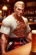 masterpiece, best quality, detailed, 1guy, handsome, mature man , GeeseHoward, shirtless, red pants, black belt, white kimono top,medium shot, <lora:GeeseHowardV2-000003:1> sitting at table , in the pub, beer, detailed eyes, best quality, masterpiece, highres, perfect picture, highly detailed, high contrast , digital color, perfect face, looking to viewer