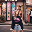photograph of asian instagram influencer girl wearing Harajuku Fashion streetwear in an urban city environment, tokyo, photo, femanine, asian, bokeh, dlsr, 80mm, backlit, depth of field, dynamic portrait, intricate eyes, beautiful, elegant, 4k, HDR, award winning, 80mm, city, urban, micro facial details
