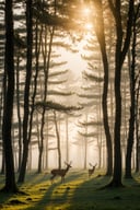 (masterpiece:1.2),best quality,forest, strong fog, predator, deer, sunrise, hard light, sun