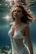 (masterpiece:1.2), best quality,(HDR:1.4),High detail RAW color photo professional, highly detail face: 1.4, a detailed portrait of a woman floating underwater wearing long flowing dress, nymph style, amazing underwater, detailed skin, wet clothes, wet hair, see-through clothes, lens flare, shade, tindal effect, lens flare, backlighting, bokeh