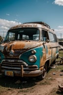 postapocalypse, photo of wrecked old van, natural lighting, 8k uhd, high quality, film grain, Fujifilm XT3