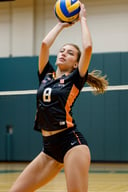 1girl, solo girl, voleyball, jump serve, in the air spiking the ball, jump serve.Perfect hands, one arm in position as if to finish raising the ball int he air and the other arm in position to spike with a firm hand. Perfect anatomy. Bent legs, perfect legs position.Girl wearing Karasuno Haiyuu anime uniform black/orange, light sking, blue eyes, messy ponytail hair, white hair, perfect face, detailed face, perfect nose, perfect eyes, perfect hands, perfect fingers, 2 perfect arms, makima \(chainsaw man\)Background shiny white as sky light<lora:FilmVelvia3:1> <lora:UE_20230717224732:05>