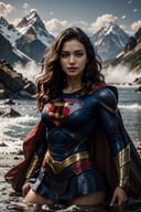 Masterpiece,high quality, Ultra HD, high detailed, supergirl, black costume, water drops on skin, colors dancing in the background, 4k, 8k, top lighting, mountain range background, long flowing black hair, large muscles, cute face, red cape, blue eyes, gazing into the camera ,More Detail