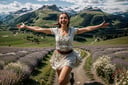 oil-painting, woman in traditional Tyrolean costume with her arms raised while running happily through a meadow, big smile, centered image, ultra detailed illustration, (tetradic colors), whimsical, ultra detailed face, focus on face,