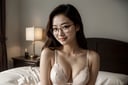 best quality, masterpiece, photorealistic, realistic, 1girl, korean, glasses, beautiful face, lingerie, bed room, character focus, seductive smile, cleavage, erotic pose, dynamic lighting, detailed background, detailed skin, pore, finely detailed, dslr