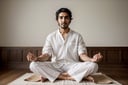 front of actor dev patel in white linen clothes, sitting in lotus seat, meditating,  simple plain background