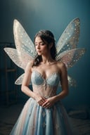 (((Fairy))),Story, bride posing under a fairy tale, elaborate scene style, glitter, blue, realistic style, 8k,exposure blend, medium shot, bokeh, (hdr:1.4), high contrast, (cinematic,blue and white film), (muted colors, dim colors, soothing tones:1.3), low saturation, (hyperdetailed:1.2), (noir:0.4)