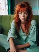 1girl with red hair sits on a cozy couch, fit, sexy legs, busty, pajamas, nude, artist name, bangs, green eyes, eyelashes, freckles, messy hair, looking at viewer, freckles under eye, realistic, solo, tears, teeth, (full face), 5 fingers, film stock, analogue photography, kodak, fujifilm, film grain, trending on Instagram, trending on Pinterest, shabby apartment, middle class, detailed couch, no-makeup