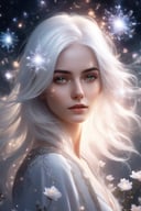 1girl, white hair, magical, abstract, bloom, light particles, looking at viewer, realistic, solo, trending on Instagram, trending on Pinterest,