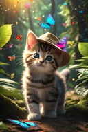 cinematic photo of A small kitten, wearing a safari hat, curiously chasing colorful butterflies in a dense, vibrant rainforest, extreme details, volumetric lighting, cinematic scene, full focus, 16k, UHD, HDR