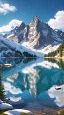 photo realistic, ultra details, natural light, Towering peaks, capped with snow and embraced by clouds, while a pristine alpine lake reflects the azure sky