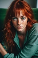 1girl with red hair sits on a cozy couch, fit, sexy, busty, pajamas, nude, artist name, bangs, green eyes, eyelashes, freckles, messy hair, looking at viewer, freckles under eye, realistic, solo, tears, teeth, (full face), 5 fingers, film stock, analogue photography, kodak, fujifilm, film grain, trending on Instagram, trending on Pinterest, shabby apartment, middle class, detailed couch, no-makeup, aris hands,
