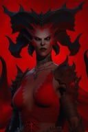 <lora:diablo_4_style:1> diablo 4 style, 1girl, horns, solo, looking at viewer, colored skin,demon girl,red theme, upper body