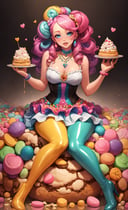 (Masterpiece, best quality:1.3), highly detailed, fantasy, <lora:Candyland-10:0.7>, 8k, candyland, dynamic,solo, 2d, faux traditional media, illustration, candy print, upper teeth, updo, curls, pose,  full body, beautiful woman, head tilt, sitting, in container, long hair,( fringe:1.2), curls, surprised, !, looking at viewer, naughty face,  (detailed eyes, detailed face), (candy clothing:1.1), frilled skirt, center frills, heels, (shiny),  (details), perfect, beautiful, dreamy, heart, colorful, vivid, cinematic, pinup:0.2, ultra-detailed, full background, [hyperrealistic:0.2], perfect hands, fantasy, (depth of field), (light blush), rainbow, syrup, cookie, macaron, chocolate bar, glitter, scenery, ((no humans)), drizzle, beautiful, (shiny:1.2), various colors, extremely detailed, (gradients), dripping, (glaze), bloom:0.2, shadow, ((food focus)), focus face, sharp focus, beads