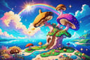 (Masterpiece, best quality:1.3), highly detailed, fantasy, <lora:Candyland-10:0.4>, 8k, candyland, dynamic, cinematic, ultra-detailed, full background, fantasy, illustration, drip, sparkle, pancake:1.3), (ocean), underwater, grass, syrup, glitter, scenery, ((no humans)), drizzle, beautiful, (shiny:1.2), various colors, monolithic, bloom:0.4, extremely detailed, (yellow and brown theme:1.3), striped, rainbow, (gradients), mushroom kingdom, lively, perfect composition