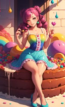 (Masterpiece, best quality:1.3), highly detailed, fantasy, <lora:Candyland-10:0.7>, 8k, candyland, dynamic,solo, 2d, (faux traditional media:1.2), illustration, candy print, upper teeth, updo, curls, pose, mature female, full body, beautiful woman, head tilt, sitting, in container, long hair, curls, smile, looking to the side, naughty face,  yellow eyes, (detailed eyes, detailed face), (candy clothing:1.1), frilled skirt, center frills, heels, (shiny),  (details), perfect, beautiful, dreamy, heart, colorful, vivid, cinematic, pinup:0.2, ultra-detailed, full background, [hyperrealistic:0.2], perfect hands, fantasy, (depth of field),  rainbow, syrup, cookie, macaron, chocolate bar, glitter, scenery, ((no humans)), drizzle, beautiful, (shiny:1.2), various colors, extremely detailed, (gradients), dripping, (glaze), bloom:0.2, shadow, ((food focus)), focus face, sharp focus, beads
