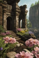 (Masterpiece, Best Quality), highres, (8k resolution wallpaper), dutch angle,  FFIXBG, full background, <lora:FFIX-10:0.9>, wide shot, fantasy, landscape, beautiful,  outdoors, (details:1.2), water, (no humans), spring \(season\), nature, flowers,  sharp focus, shadow, (deep depth of field), volumetric lighting, sunlight, day, extremely detailed background, fantastic, ancient ruins, mysterious