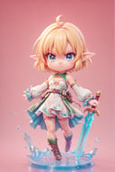 score_9_up, score_8_up, score_7_up, 1girl, solo, chibi, full body, looking at viewer, angry face, blue eyes, elf ears, short hair, blonde hair, white dress, magic sword, pink background
