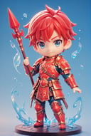 score_9_up, score_8_up, score_7_up,1boy, solo, chibi, full body, looking at viewer, blue eyes, short hair, red hair, armor, magic spear, blue background