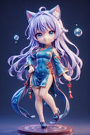  score_9_up, score_8_up, score_7_up, 1girl, solo, chibi, full body, looking at viewer, smile, blue eyes, cat ears, long hair, violet hair, chinese dress, blue background