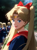 Realistic film still of Aino Minako smiling in magical battle form from live action film of ‘ Sailor Moon’, a beautiful japanese girl with a red bow on long flowing blonde hairs, wear white navy blue striped sailor school uniform with red sailor necktie, blue eyes