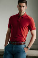 xyzsanshirt, red polo shirt, jeans, high quality, face of 30 y.o european man, serious face, detailed face, skin pores, cinematic shot, dramatic lighting, <lora:xyzsanshirt:0.8>