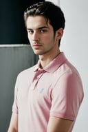 xyzsanshirt, pink polo shirt, jeans, high quality, face of 30 y.o european man, serious face, detailed face, skin pores, cinematic shot, dramatic lighting, <lora:xyzsanshirt:0.8>