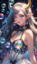 sexy girl, from the waist up, 1girl, adult, long iridescent long hair, rainbow colors,beautiful detailed eyes, symmetrical eyes, caucasian, collarbone, both hands up, armpits, iridescent horns, good posture, detailed white goth transparent dress with black decorations and shoulder straps, (very detailed background, highly detailed background), symmetrical, octane render, 35mm, bokeh, 9:16, (intricate details:1.12), (intricate details, hyperdetailed:1.15), (soft light, sharp:1.2), detailed, (backlighting), Succubus demon, (masterpiece, top quality, best quality, official art, beautiful and aesthetic:1.2), extremely detailed, colorful, highest detailed, clean facial features, upper body, (detailed light), (an extremely delicate and beautiful), a girl, cute & girly, upper body, two legs, sexy clothes inspired by clear bubbles, (beautiful detailed eyes), stars in the eyes, (((lots of big colorful Bubbles))), Iridescence, depth of field, bubbles around, flat color, vector art, negative space Alexander Jansson fantasy, (masterpiece, best quality, Succubus body), detailed background, high contrast
