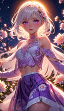(best quality:1.3),masterpiece,beautiful detailed glow,textile shading,absurdres,highres,dynamic lighting,intricate detailed,beautiful eyes,(1girl, solo:1.5),white hair, purple eyes, glowing eyes, crop top, skirt, parted lips, blush, night, flowers, sun, sunlight,(backlighting),(face lighting),(looking of viewer),(Winter)