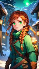 (best quality:1.3),masterpiece,beautiful detailed glow,textile shading,absurdres,highres,dynamic lighting,intricate detailed,beautiful eyes,(1girl, solo:1.5),(pov),Fishtail braid, copper hair, emerald green eyes, adventurous, explorer attire,(backlighting),(face lighting),(looking of viewer),(Winter)