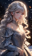 (best quality:1.3),masterpiece,beautiful detailed glow,textile shading,absurdres,highres,dynamic lighting,intricate detailed,beautiful eyes,(1girl, solo:1.5),(full body),Wavy, silver hair, stormy gray eyes, mysterious, Victorian gown,(backlighting),(face lighting),(looking of viewer),(Winter)