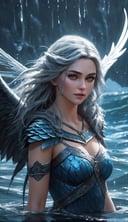 perfect photo Siren from the cold waters around Skellige. Her scales shimmer in shades of blue and silver, and her elongated, webbed fingers hint at her predatory nature. Her wings, a blend of fin and feather, glisten with droplets of seawater. While her beauty is undeniable, her sharp teeth and predatory gaze serve as a chilling reminder of her danger, extreme details, volumetric lighting, cinematic scene, full focus, 16k, UHD, HDR