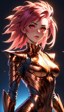 (best quality:1.3),masterpiece,beautiful detailed glow,textile shading,absurdres,highres,dynamic lighting,intricate detailed,beautiful eyes,(1girl, solo:1.5),(pov),Mohawk, rose-gold hair, ruby eyes, daring, leather pantsuit,(backlighting),(face lighting),(looking of viewer),(Winter)