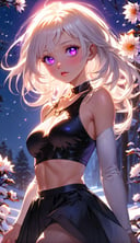 (best quality:1.2), masterpiece, absurdres, highres, dynamic lighting, beautiful eyes,(1girl, solo:1.2),white hair, purple eyes, glowing eyes, white crop top, black skirt, parted lips, blush, night, (multicolored flower, flowers:0.2), sun, sunlight,(backlighting), (face lighting), (looking of viewer), (full body), (Winter)