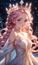(best quality:1.3),masterpiece,beautiful detailed glow,textile shading,absurdres,highres,dynamic lighting,intricate detailed,beautiful eyes,(1girl, solo:1.5),(full body),Braided crown, blush pink hair, crystal-clear eyes, ethereal, flowing gown,(backlighting),(face lighting),(looking of viewer),(Winter)