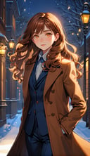 (best quality:1.3),masterpiece,beautiful detailed glow,textile shading,absurdres,highres,dynamic lighting,intricate detailed,beautiful eyes,(1girl, solo:1.5),(full body),Long waves, chestnut hair, hazel eyes, charismatic, tailored suit,(backlighting),(face lighting),(looking of viewer),(Winter)