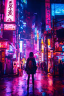 1girl, standing on building, cyber, cyberpunk style, Tokyo city, neon light, night, buildings, high_resolution, high detailed, realistic, ultra realistic, 