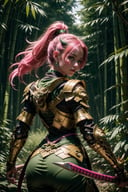 (Masterpiece,high definition, best quality, superior quality, intricate details, beautiful aesthetic:1.2),high quality, 8k, raw, ultra details, extremely detailed and beautiful,A fierce samurai warrior maiden wields a glowing pink katana as she battles an ancient green dragon amidst a magical misty bamboo forest, ribbons and leaves swirling around her. Dynamic action pose, flowing pink and green fabrics, neon lighting, intricate armor details. Japanese fantasy landscape.16k,Girl Facing Dragon,Back to camera,Lens hyperopia <lora:AMechaSSS%5Bcolor_theme%2Cmecha%20musume%2C%20mechanical%20parts%2Crobot%20joints%2Cheadgear%5D:1>mecha musume,mechanical parts, 3d render, cgi, symetrical, octane render, 35mm, bokeh, (intricate details:1.12), hdr, (intricate details, hyperdetailed:1.15)